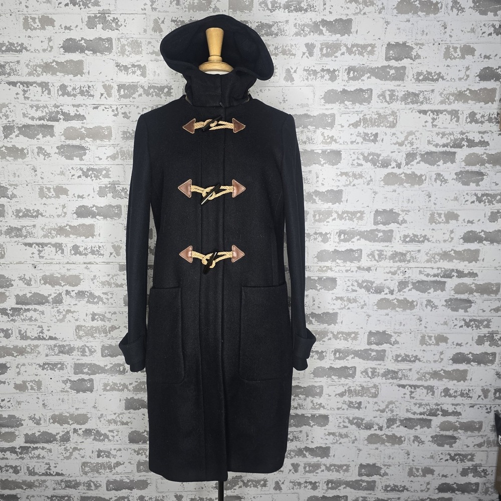 J Crew Coat Womens 10 Black Wool Convertible Full Zip Toggle Duffle Hooded 02568